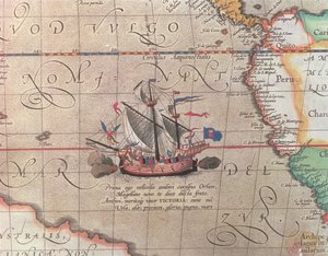 Et seilskip som avfyrer kanonen sin, detalj fra et kart over Stillehavet, Kina og Amerika, 1599 (se også 18634)